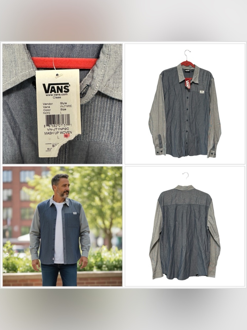Men’s Van’s Off The Wall Large Button Up Shirt Blue Gray Logo Pocket Cotton NWT